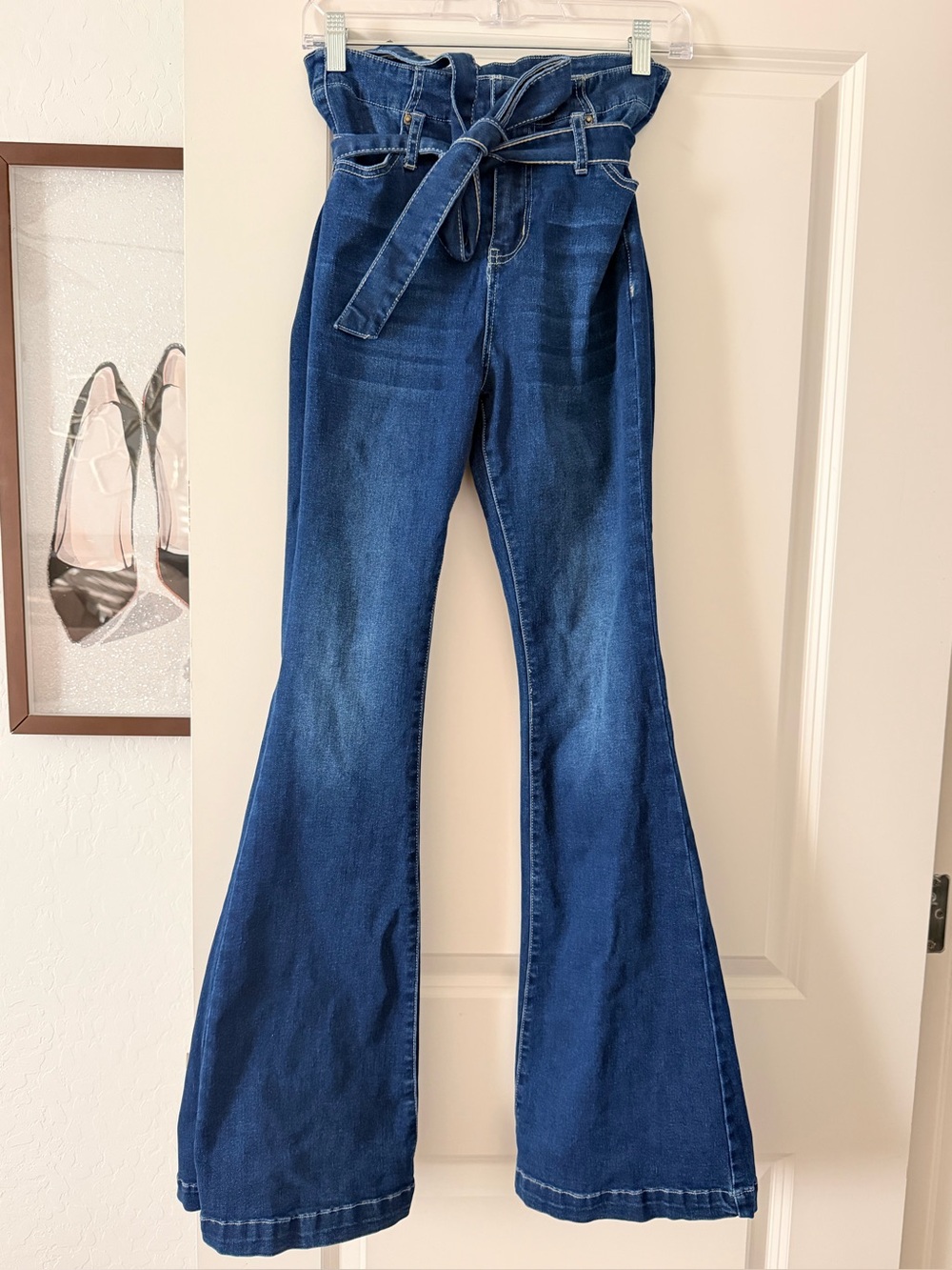 High-Rise Dark Blue Flare Jeans with Tie Waist